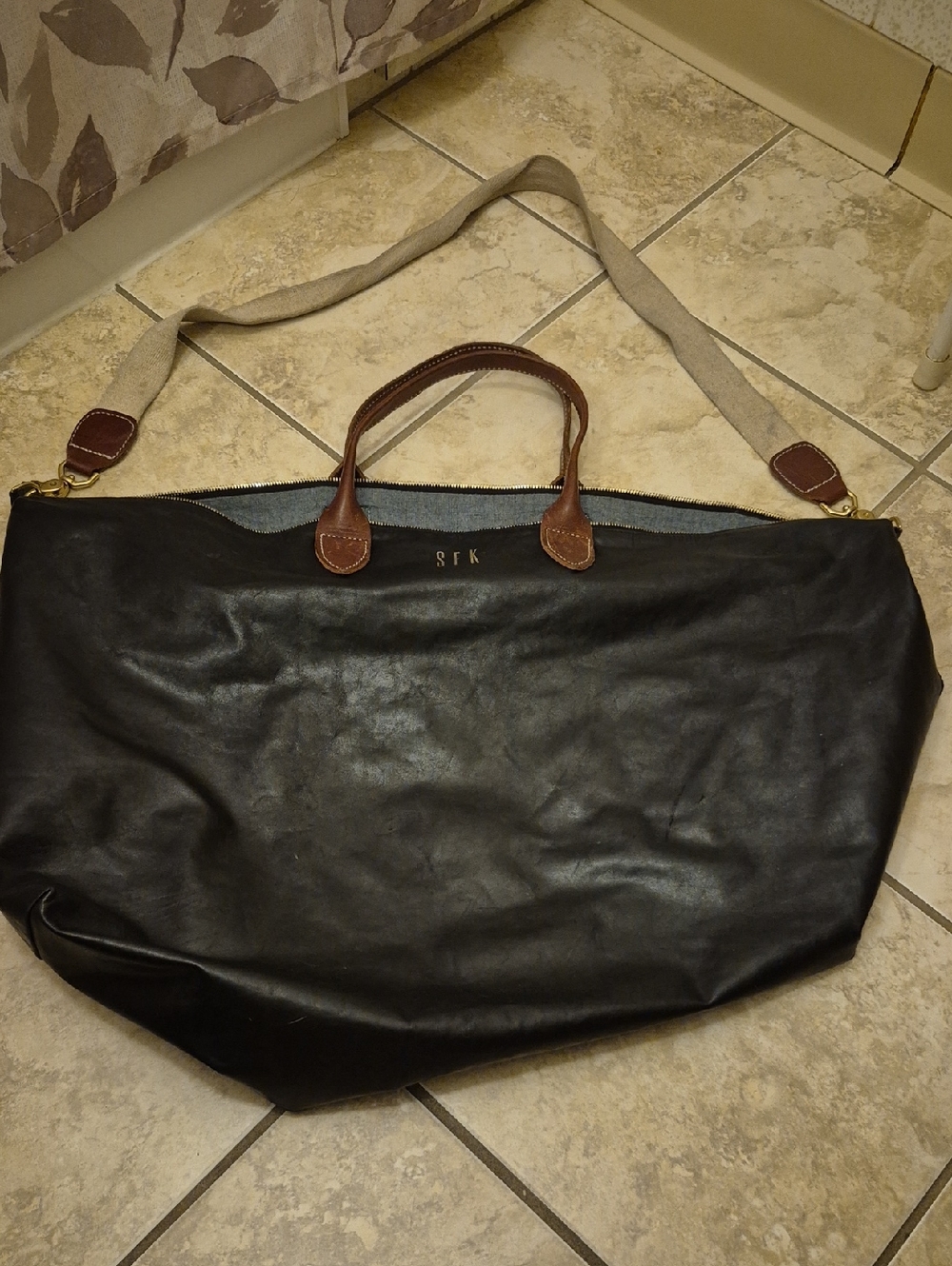 Clare V Leather Carryall Tote Bag with Brown Trim and Canvas Strap Monogrammed